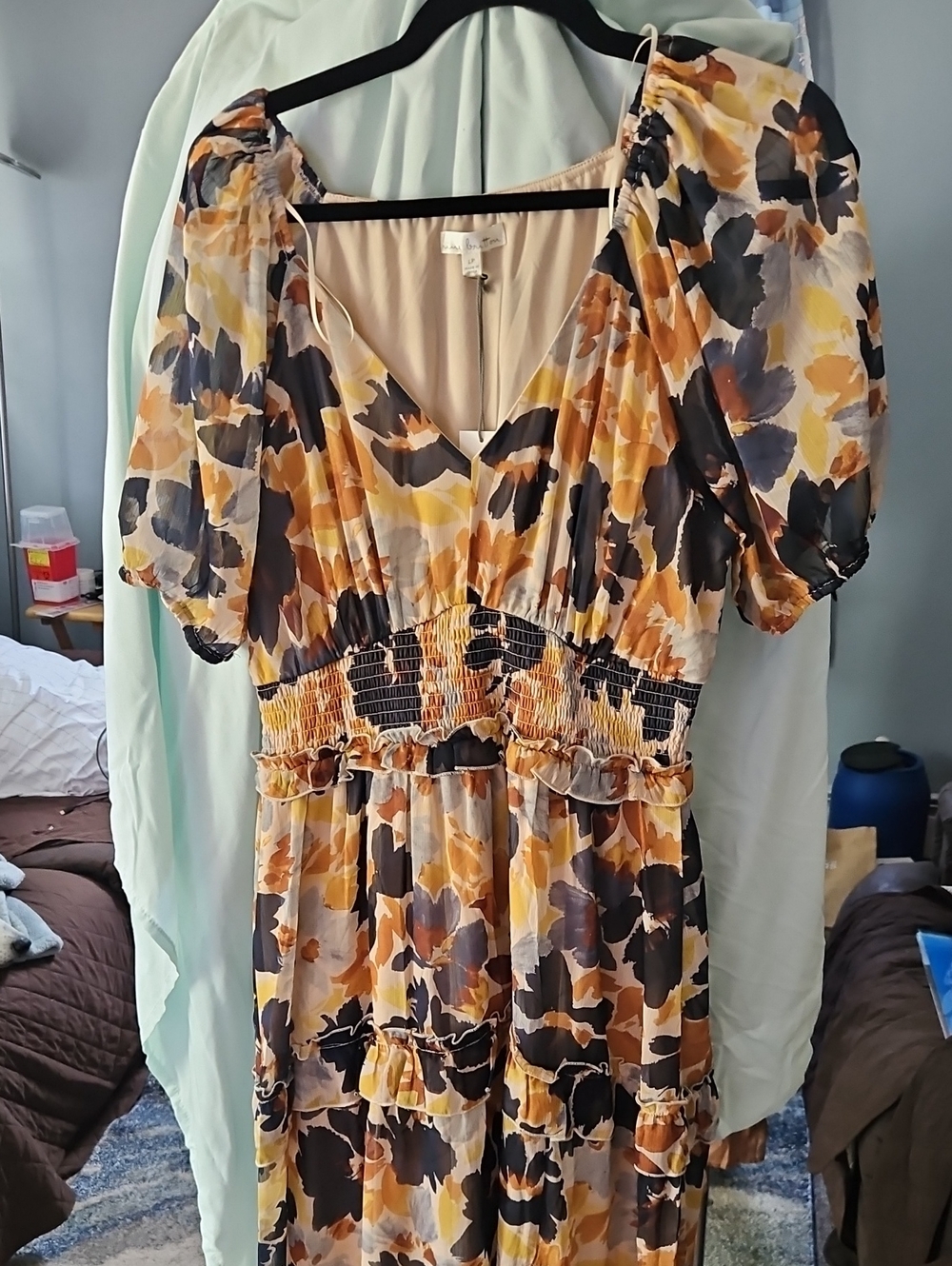 nine britton Floral Puff-Sleeve Maxi Dress in Mustard, Black & Cream